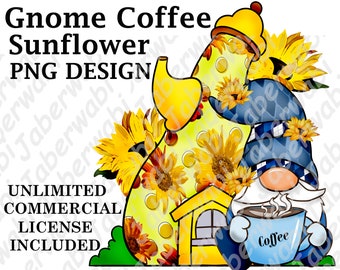 PNG Design | Blau scandanischer Wichtel | Unbegrenzte kommerzielle Lizenz | Sublimation Design für Printables oder POD | Sonnenblumen | Kaffee| Clipart