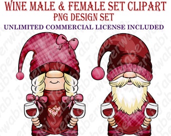 Red Wine Male & Female Gnome PNG Design Set | 2 Files | Unlimited Commercial License | Sublimation Design for Printables or POD | Clipart