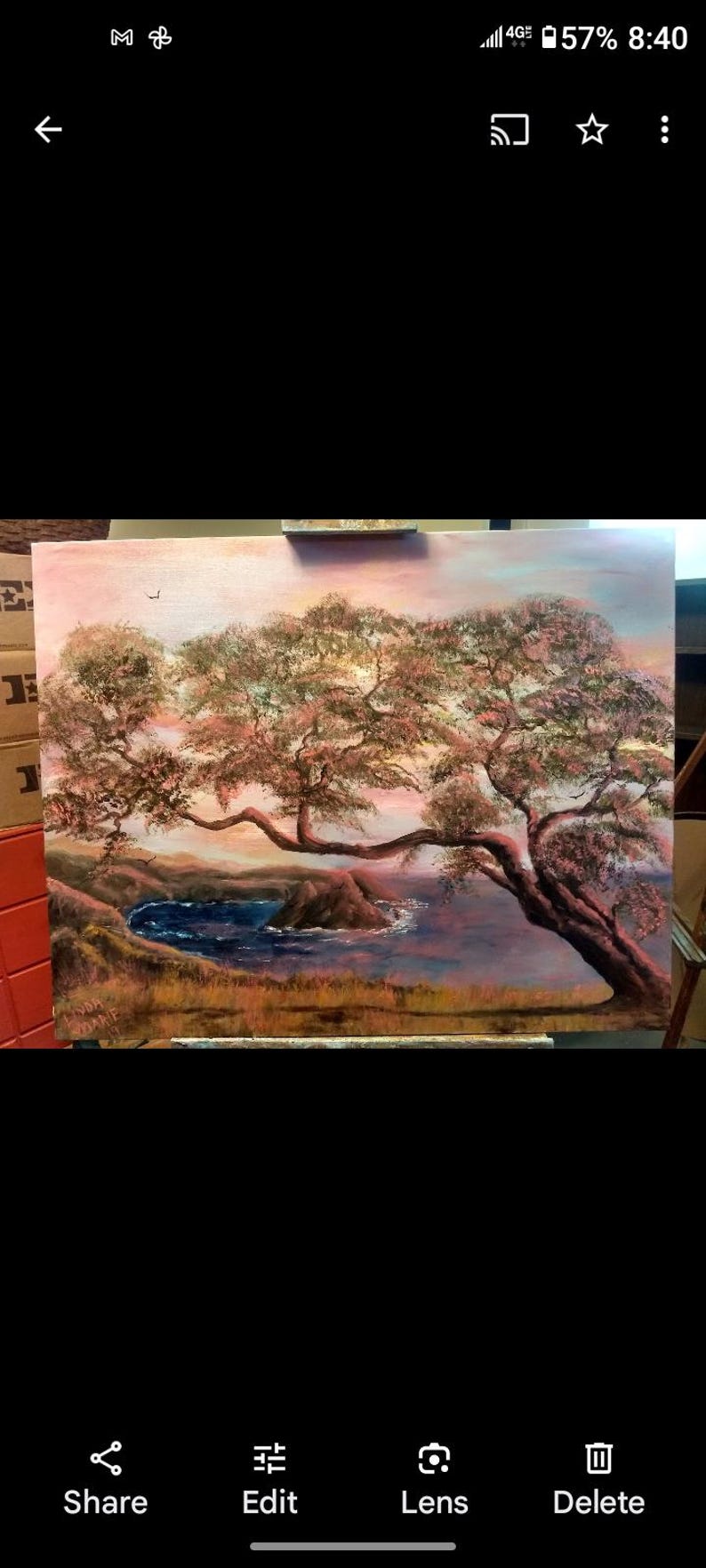 K&ouml;nnte beinhalten: &Ouml;lgem&auml;lde einer Landschaft mit einem gro&szlig;en Baum, einem Gew&auml;sser und einem farbenfrohen Himmel. Der Baum hat eine strukturierte Baumkrone mit Gr&uuml;n- und Rosat&ouml;nen. Das Wasser ist tiefblau, der Himmel wechselt von Rosa zu Orange.