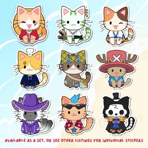 May include: Nine colorful cat stickers featuring different characters from the popular anime series One Piece. The stickers feature characters like Luffy, Zoro, Sanji, and more.