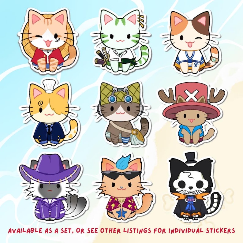 May include: Nine colorful cat stickers featuring different characters from the popular anime series One Piece. The stickers feature characters like Luffy, Zoro, Sanji, and more.