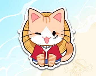 Luffy Cat One Piece Sticker | Cute Anime Waterproof Stationery Sticker for Water Bottle Laptop Planner Journal