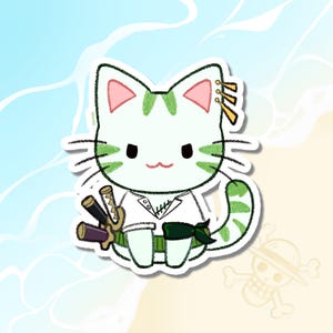 May include: A white cat with green stripes and pink ears is wearing a white shirt with a green sash and holding two swords. The cat has a serious expression on its face.