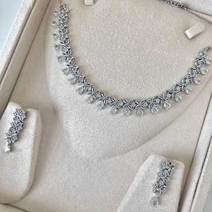 American Diamond  Silver  Indian / Pakistani Jewellery Set - Necklace and Earrings.