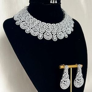 READY TO SHIP American Diamond  Silver  Indian / Pakistani Jewellery Set - Necklace and Earrings.