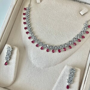 READY TO SHIP American Diamond  Silver and Red  Indian / Pakistani Jewellery Set - Necklace and Earrings.