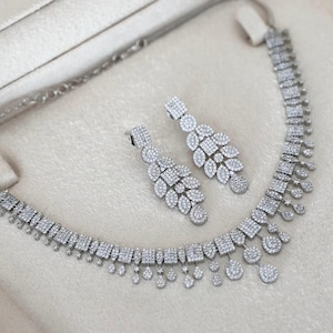 READY TO SHIP American Diamond  Silver  Indian / Pakistani Jewellery Set - Necklace and Earrings.