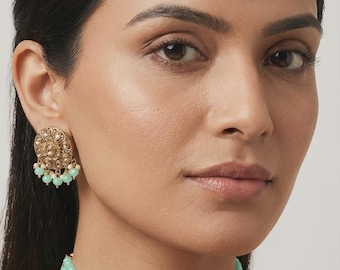 READY TO SHIP Tyaani inspired Blue Teal Jade and Gold Indian / Pakistani Jewellery Set - Necklace and Earrings & Tikka. Sabyasachi inspired.
