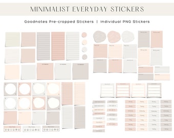Puede incluir: Un conjunto de pegatinas digitales minimalistas en tonos beige, gris y melocotón. Las pegatinas incluyen notas con líneas, círculos y formas irregulares. Se ven etiquetas de texto como "Importante" y "Por hacer".