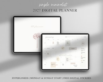 May include: Two tablets displaying a 2027 digital planner. One screen shows a cover page with a pink flower illustration and the text 2027 planner. The other screen displays a January calendar grid with various text entries and notes.