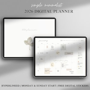 2026 Simple Minimalist Digital Planner | GoodNotes | Notability | FREE Stickers | Monday & Sunday Start