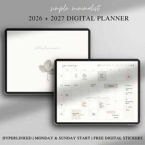 Planificador digital minimalista simple 2026 + 2027 / GoodNotes / Notability / Stickers GRATIS / Inicio lunes y domingo