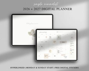 2026 + 2027 Simple Minimalist Digital Planner | GoodNotes | Notability | FREE Stickers | Monday & Sunday Start