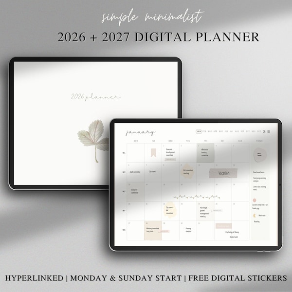 2026 + 2027 Simple Minimalist Digital Planner | GoodNotes | Notability | FREE Stickers | Monday & Sunday Start