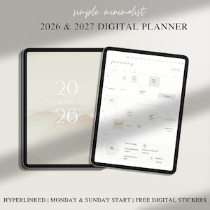 2026 + 2027 Simple Minimalist Digital Planner | Portrait | GoodNotes | Notability | FREE Stickers | Monday & Sunday Start