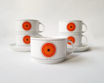 Tazze e piattini Thomas Germany Eclipse vintage anni '70 – Set da tè moderno di metà secolo arancione e nero