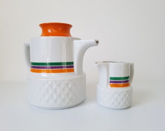 Tetera y jarra de leche Schirnding Bavaria, década de 1970: conjunto de color naranja, morado y verde de la era espacial