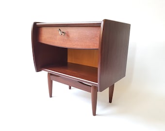 Vintage Bedside Table with Drawer and Key, Tapered Legs, Mid-century Modern 1960s or 70s