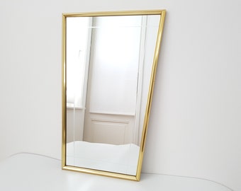 Vintage Wall Mirror with Engraved Glass and Brass Frame, Mid-century Design, 1970s