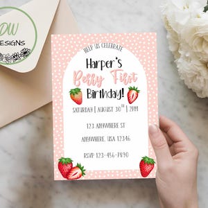 Strawberry First Birthday Invitation Template: Berry Sweet One (5x7 PDF + JPG Digital Download)