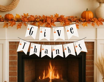 Give Thanks DIY Printable Banner | Thanksgiving Flag Garland | Fall Holiday Party Decoration | Instant Download
