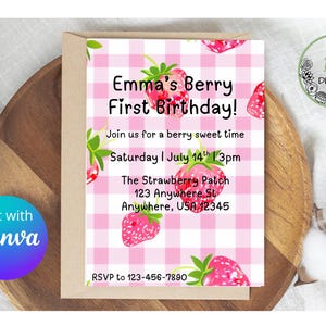 Strawberry First Birthday Invitation: Editable Canva Template (Digital Download)