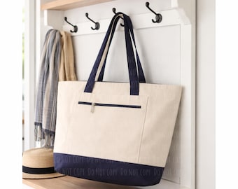 Marineblaue Leinwand mit Reißverschluss Printize Einkaufstasche Mockup, Q1300 Print on Demand Mockup, Lifestyle Tote Mockup, zc1