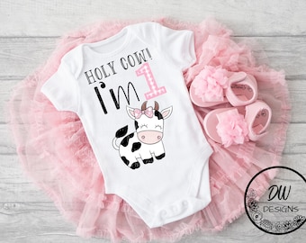 Holy Cow I'm One PNG: Pink Cow Print 1st Birthday, Girls First Birthday Shirt Design (Digital Download), cp4