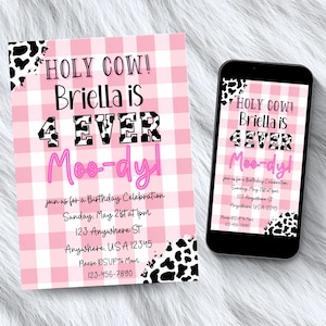 4 Ever Moody Birthday Invitation Canva Template, 4th Bday Cow Pink Gingham  Birthday Invite, Editable Rustic Girl Fourth Bday Invite, cp4