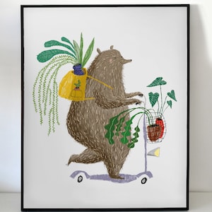 Cartel imprimible Oso en scooter con plantas arte de pared niños impresión digital descargar animales salvajes digitales
