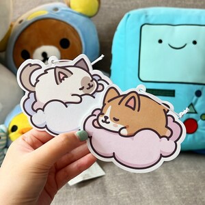 Corgi and Ragdoll Cat Car Air Freshener Bundle, Sleeping on Clouds, Cute Chibi Design, Fresh Clean Scent, Gift for Car Enthusiast (2 count)