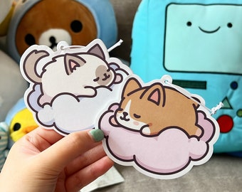 Corgi and Ragdoll Cat Car Air Freshener Bundle, Sleeping on Clouds, Cute Chibi Design, Fresh Clean Scent, Gift for Car Enthusiast (2 count)