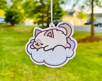 Cute Ragdoll Cat Sleeping on Cloud Car Air Freshener, Adorable Chibi Design, Gift for Cat Lover, Fresh Scent, White and Gray Kitty (1 count)