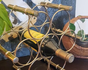 Vintage Brass Wine Bottle Holder , Mid Century Wine Rack , Brass Wine Rack , MCM Decor , Modern Decor , Bohemian Decor