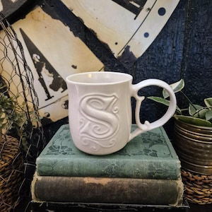 Pottery Barn White Mug Cup , S initial Mug, Embossed  Ceramic Coffee Mug