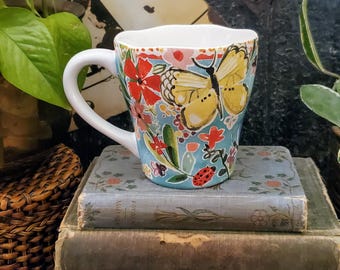 Vintage Pier One Floral Butterfly Mug, Cottagecore Decor