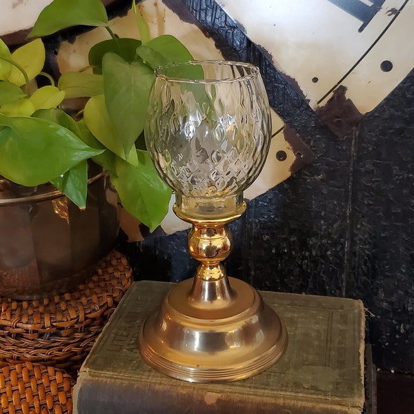 Mid-Century Brass Candlestick with Glass Globe , Vintage Brass Candle Holder , Glass Candle Peg , Glass Candle Cloche , Brass Candle Holder