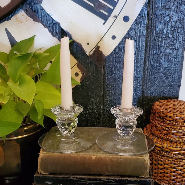 Fostoria Glass Candle Holders , Vintage Glass Candlesticks , Fostoria Glass Taper Candle Holders , MCM Glass Candlestick