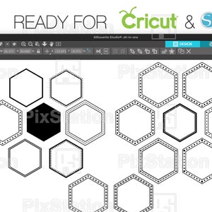 May include: A digital design file showing a honeycomb pattern of 10 black outlined hexagons with a black filled hexagon in the center. The design is ready for use with Cricut and Silhouette software.