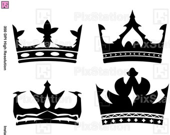 Peut inclure: Ensemble de neuf couronnes noires en silhouette. Les couronnes sont de styles variés, certaines présentant des détails complexes et d'autres étant plus simples.