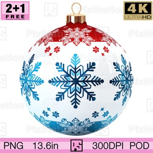 Bola de copo de nieve navideña clásica roja y azul (PNG), decoración de bola de fiesta navideña, bola de Año Nuevo, clipart imprimible por sublimación, descarga / ps360