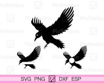 May include: Three black silhouette images of crows in flight. The crows are facing the right side of the image. The top crow is larger than the bottom two crows. The bottom two crows have a space for a name or initials in the middle of the image.