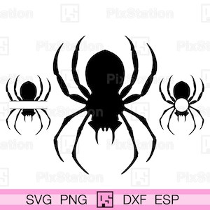 May include: Black silhouette of a spider with eight legs and a round body. Two smaller spiders are on either side of the larger spider.
