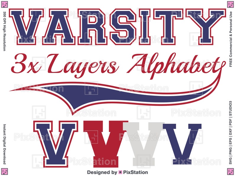 three layers varsity alphabet png