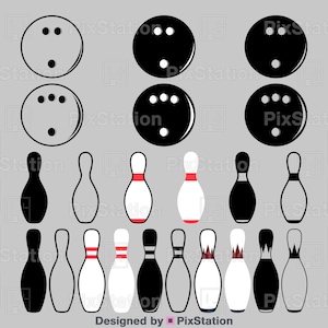 Op de afbeelding: Een set van 96 bowlingbal en kegel SVG, PNG, PDF, DXF, EPS en JPG bestanden. De bowlingbal en kegels zijn in zwart, wit en rood. De bestanden zijn 350 DPI en zijn beschikbaar voor commercieel en persoonlijk gebruik.