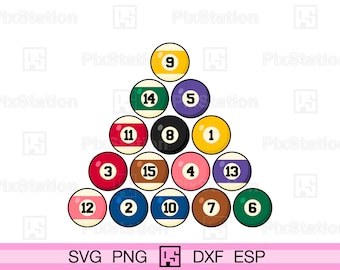May include: A triangular arrangement of 15 billiard balls, each with a different number and color. The balls are arranged in a pyramid shape, with the 9 ball at the top and the 1, 2, 3, 4, 5, 6, 7, 8, 9, 10, 11, 12, 13, 14, and 15 balls below.