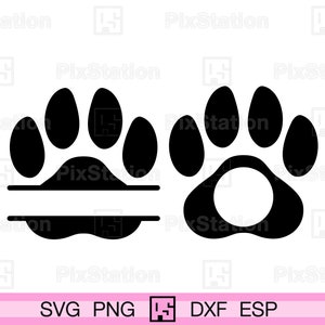 May include: Two black paw print designs, one with a circle cut out in the center, and the other with a horizontal line cut out in the center.  SVG PNG DXF ESP