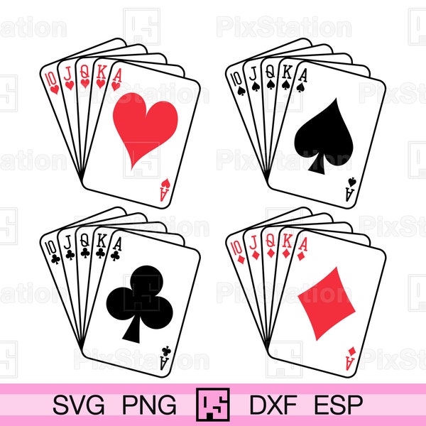 Royal flush poker cards svg bundle, spade, heart, diamond, club, png clipart, vector decor decal cut files for Cricut and Silhouette | ps258