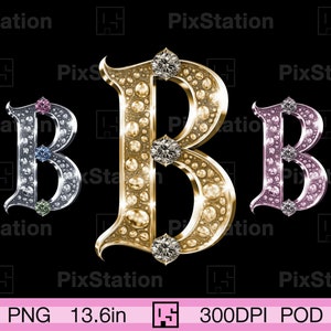 Gouden hoofdletter beginletter B png, zilveren letter B clipart png, roségouden letter B met diamant png, letter B met edelsteen png | ps436