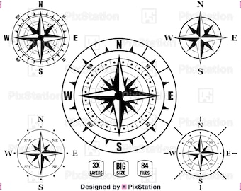 May include: Four black and white compass designs with different levels of detail. The compass designs include the cardinal directions: North, South, East, and West. The compass designs are set against a white background.
